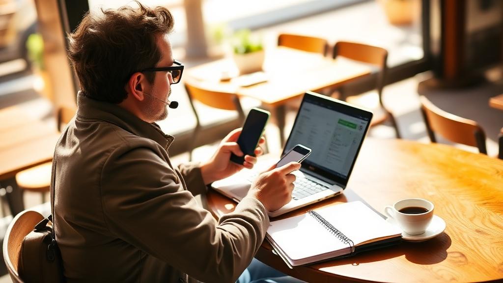 Traveler comparing AI trip planning tools on a laptop and phone at a cafe table