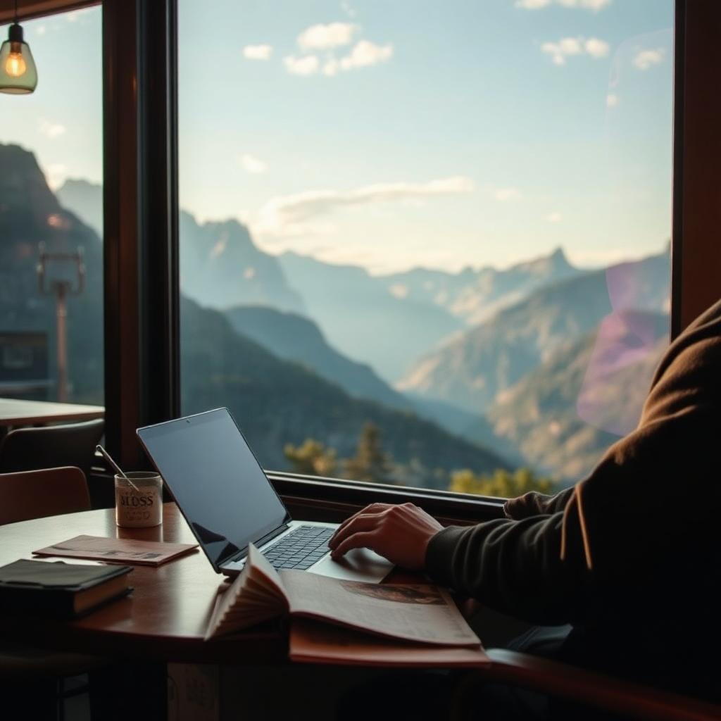 Traveler planning a trip on a laptop with a world map