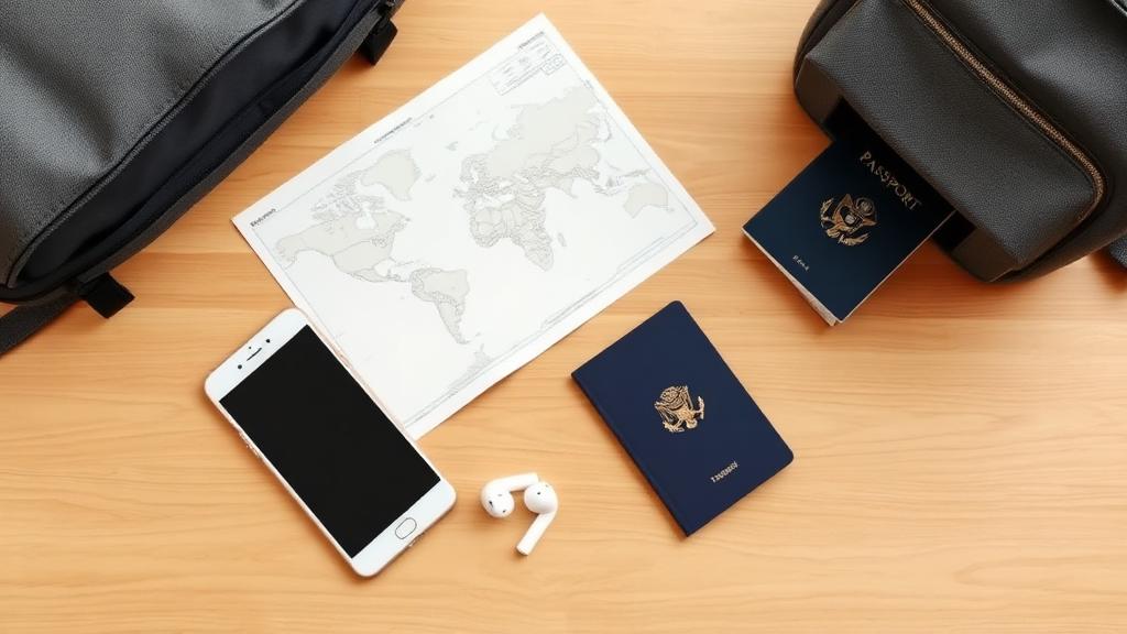 Travel planning gear with a smartphone, map, backpack, passport, and earbuds