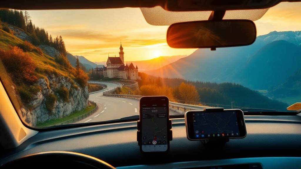 Blick aus dem Auto auf eine kurvige Alpenstraße bei Sonnenuntergang während eines Roadtrips